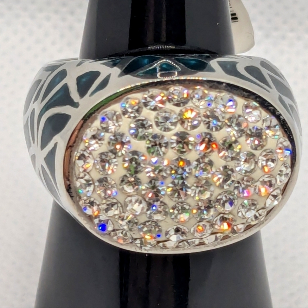 New Stainless Steel Ring, White Austrian Crystal with Teal Enamel Ring Size 9